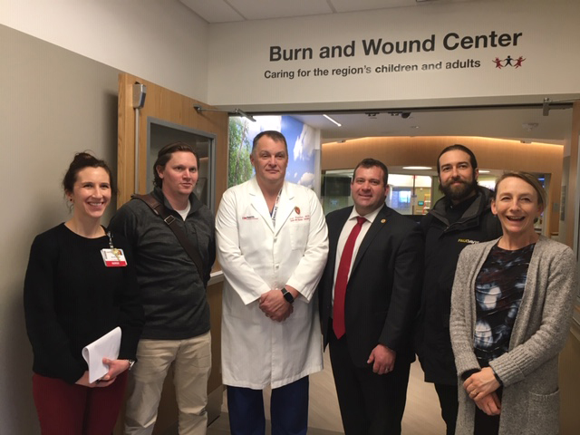 Left to right: Lori Mickleson, UW Health; Tyler Jefferson, Jefferson Fire & Safety; Dr. Lee Faucher, UW Health; Mike Wos, PFFWCF; Jesse Laz-Hirsch, Paul Davis Restoration; Dr. Angela Gibson, UW Health.