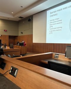 Reji Babygirija presents at a podium at the front of an auditorium